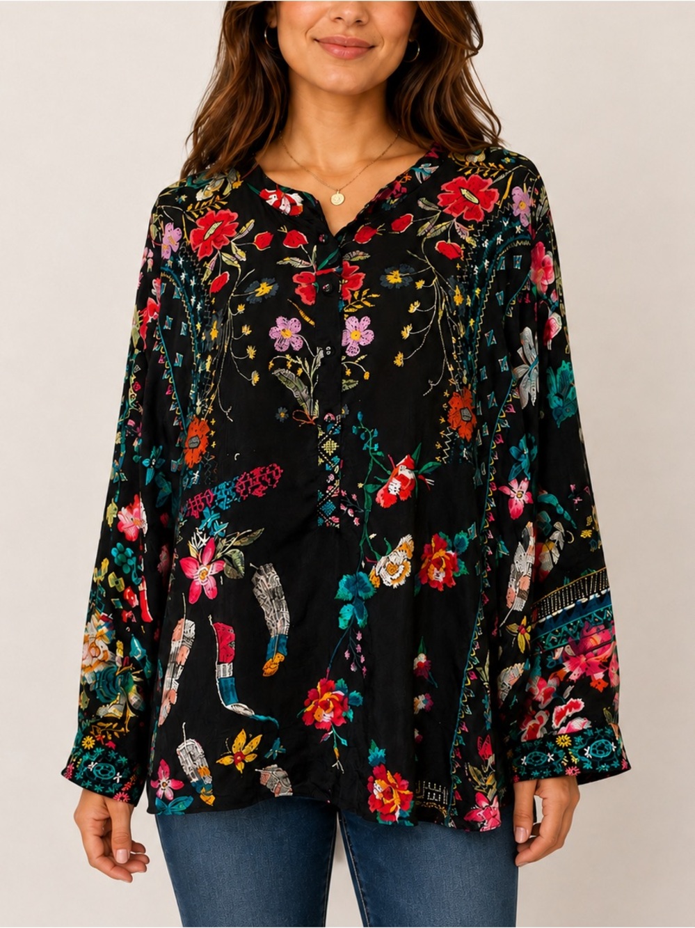 Johnny Was Black Floral Cupra Rayon Tunic Blouse Embroidered Cuffs